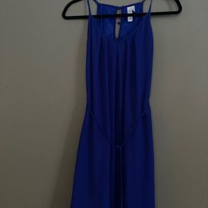 Blue dress with string tie and gold buttons